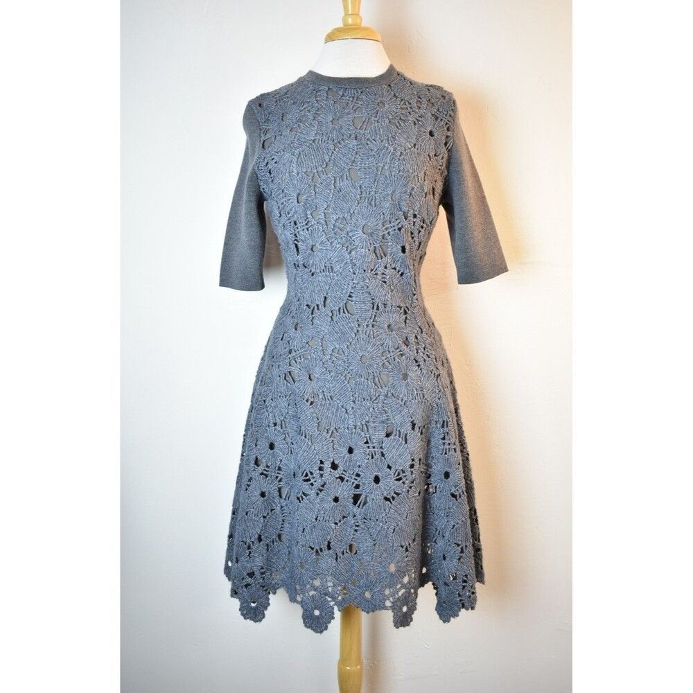 NWT Lela Rose for Neiman Marcus Dress - Gray Merino Wool Floral Knit
